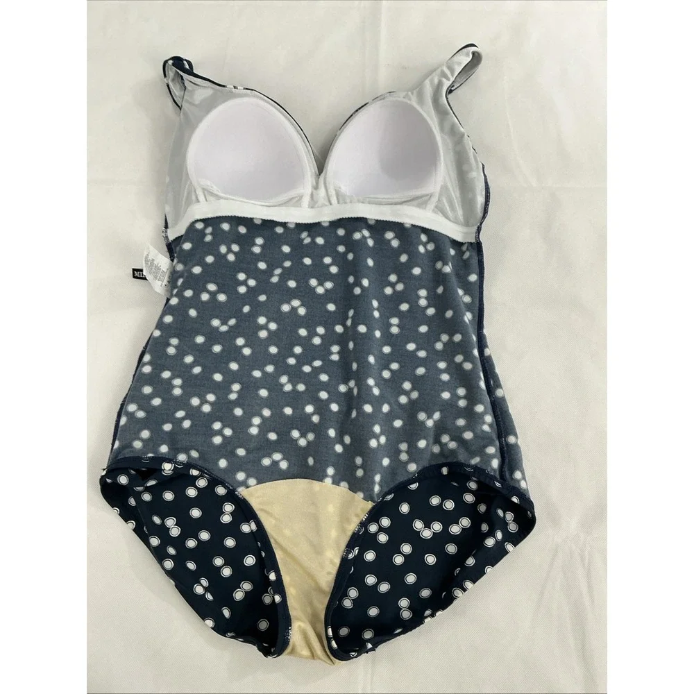 Miraclesuit Cherie Swimsuit 12 Navy Polka Dot One Piece Tummy Control 6560255